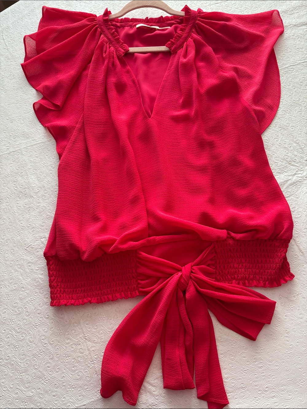 Ramy Brook Hot Pink Tie-Front Flutter Sleeve Blouse